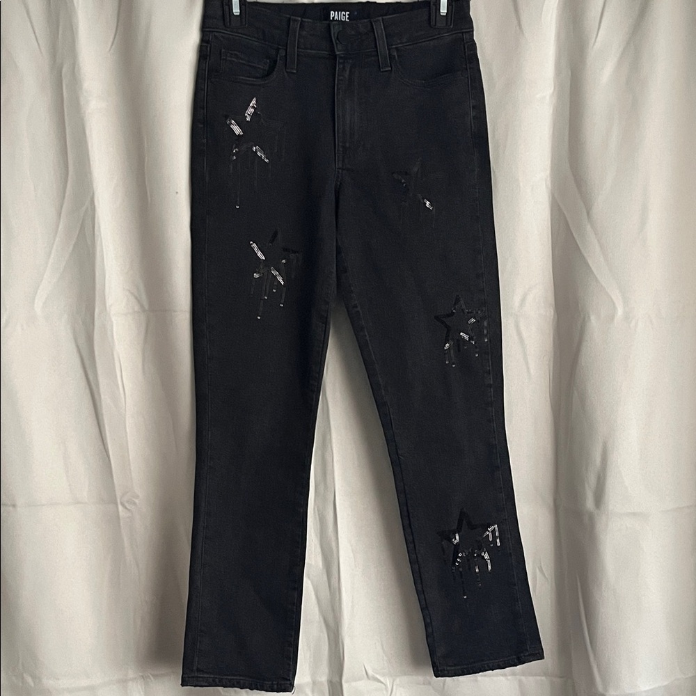 NWT PAIGE Jacqueline High Rise Straight Crop Dripping‎ Sequins Black Size 24